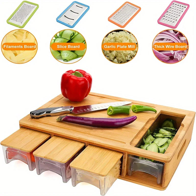 Cutting Board Bamboo Slide-Out Containers & Built-In Grater