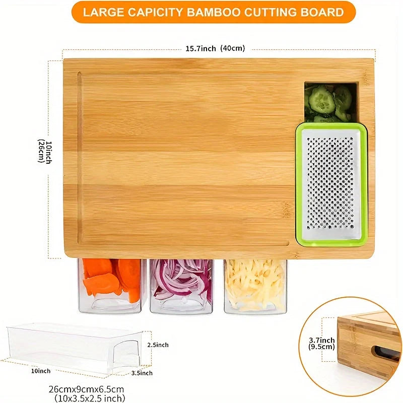 Cutting Board Bamboo Slide-Out Containers & Built-In Grater