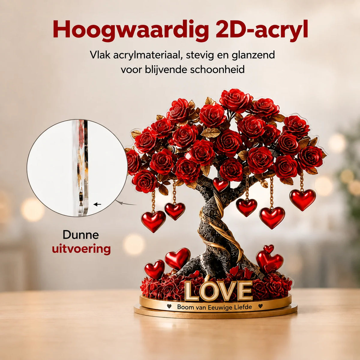 Decorative Ornament Acrylic Heart-Shaped Rose Tree Gold-Look Base