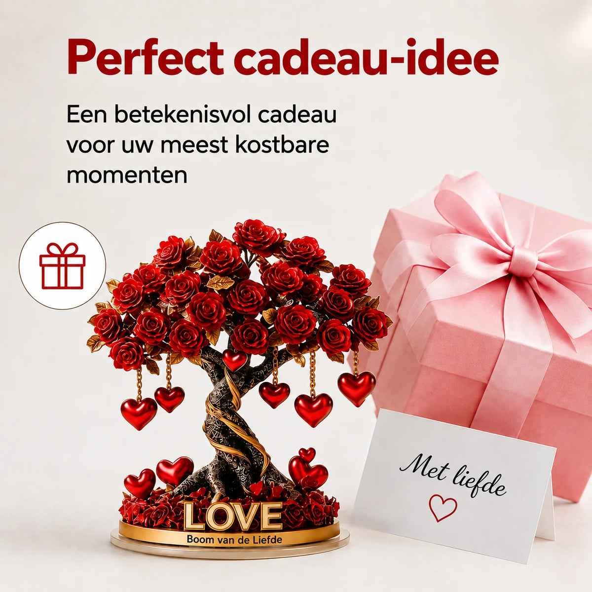 Decorative Ornament Acrylic Heart-Shaped Rose Tree Gold-Look Base