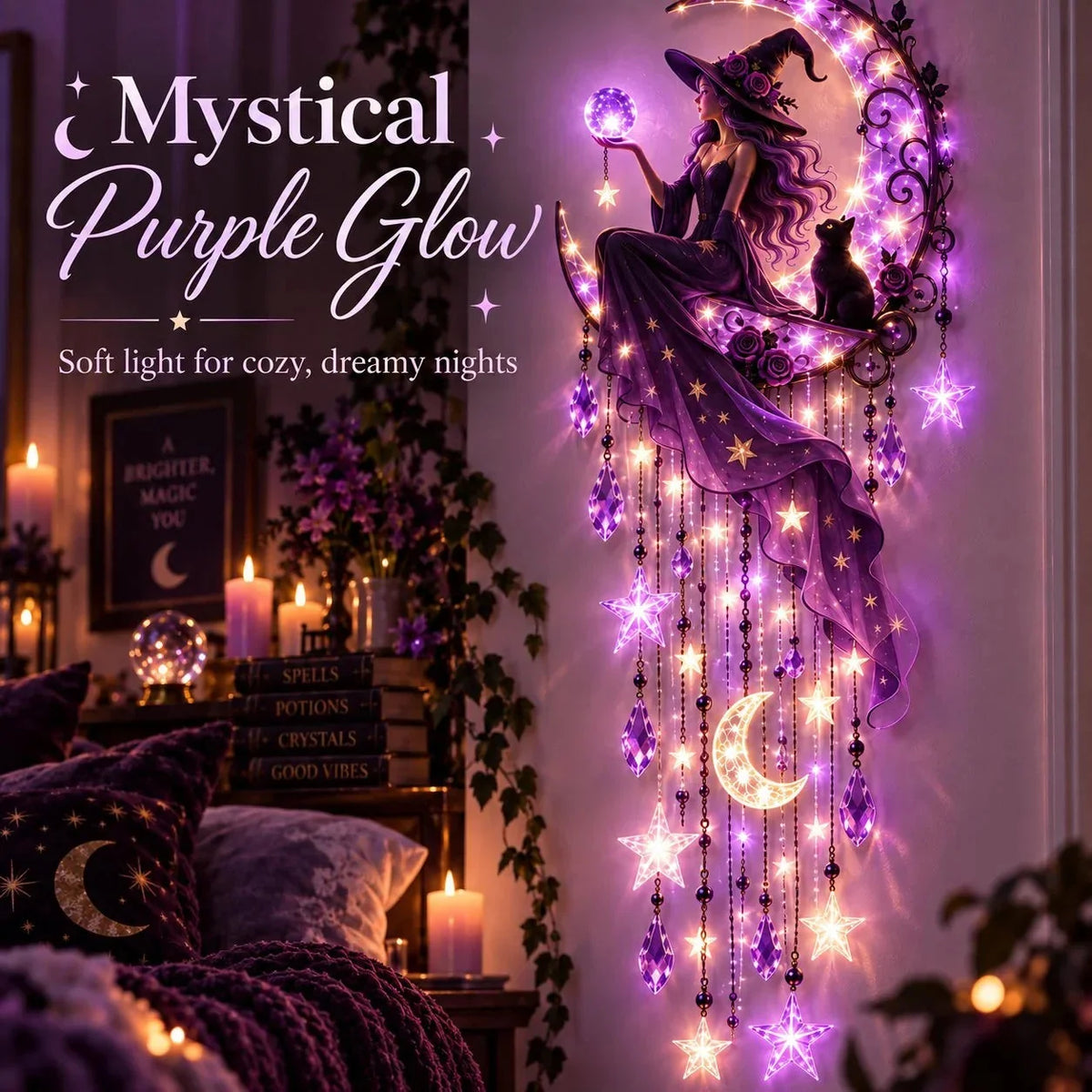 Decorative Wall Light Purple Starfall Witch Crescent Moon