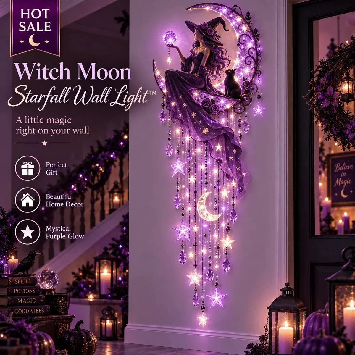 Decorative Wall Light Purple Starfall Witch Crescent Moon