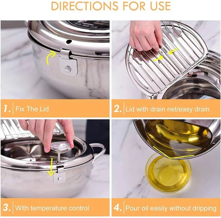 Deep Frying Pot Stainless Steel Thermometer & Splash Guard