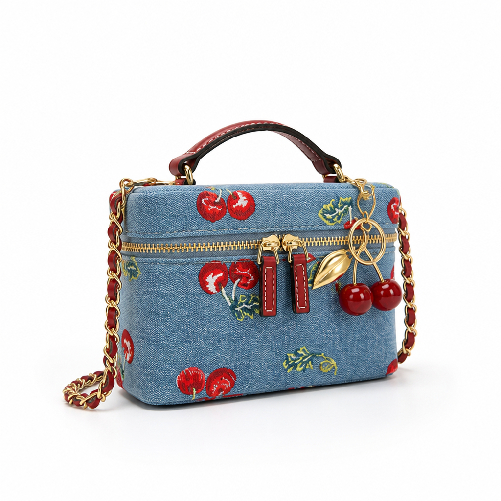 Denim Cherry-Embroidered Crossbody Bag (Removable Chain Strap)