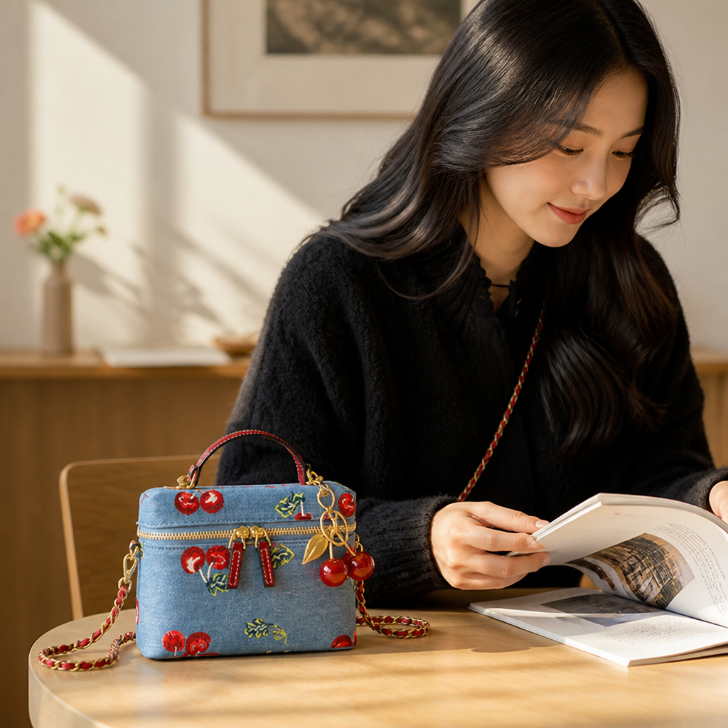Denim Cherry-Embroidered Crossbody Bag (Removable Chain Strap)