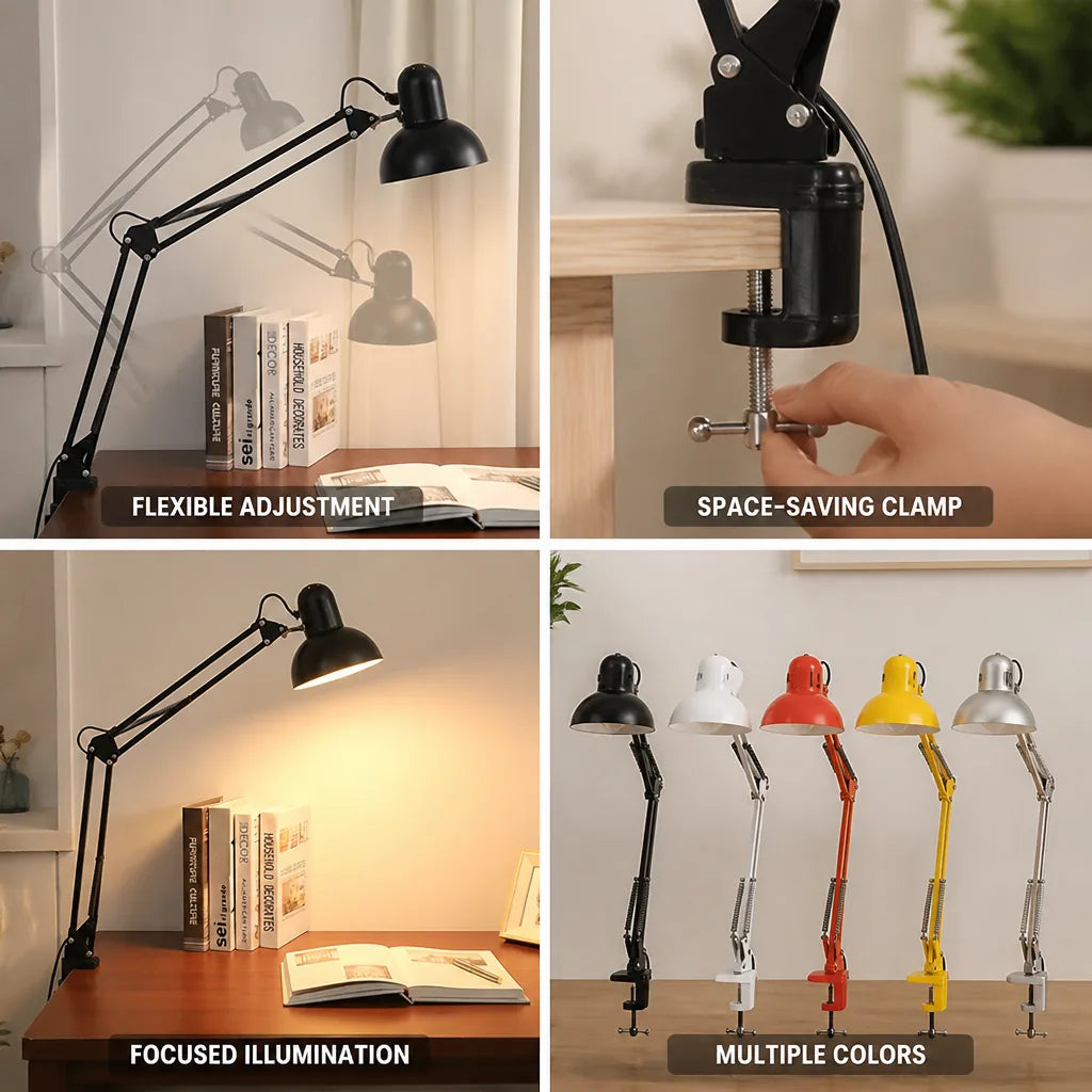 Desk Lamp Adjustable Arm Space-Saving Clamp