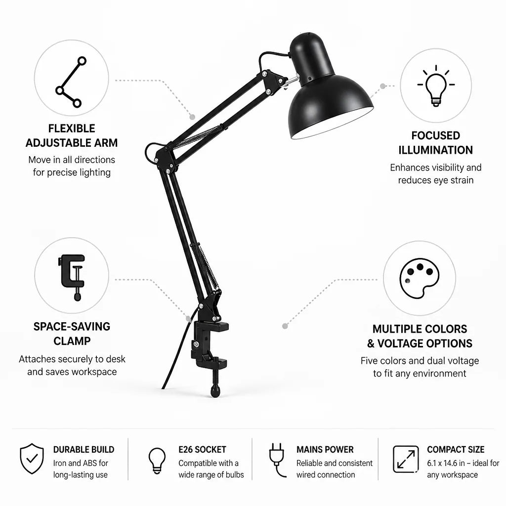 Desk Lamp Adjustable Arm Space-Saving Clamp