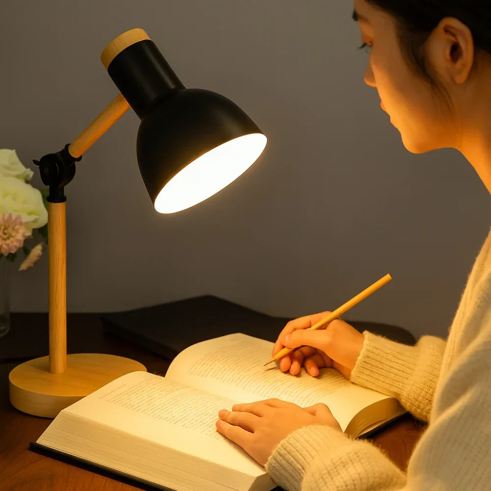 Desk Lamp Solid Wood Adjustable Arm Weighted Base