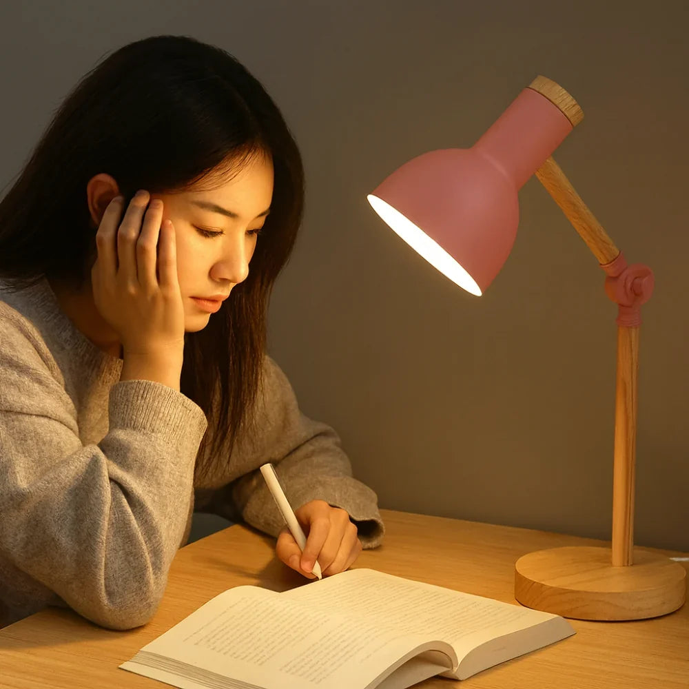 Desk Lamp Solid Wood Adjustable Arm Weighted Base