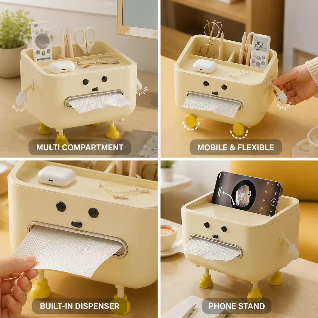 Desk Organizer 4 Compartments Paper Towel Dispenser & Phone Stand