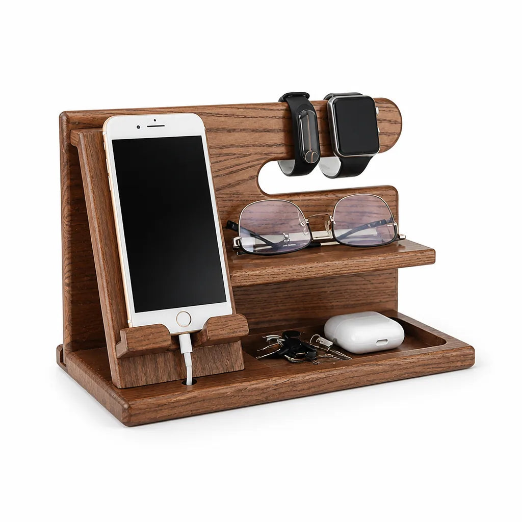 Desk Organizer Solid Walnut Phone Stand & Cable Slot