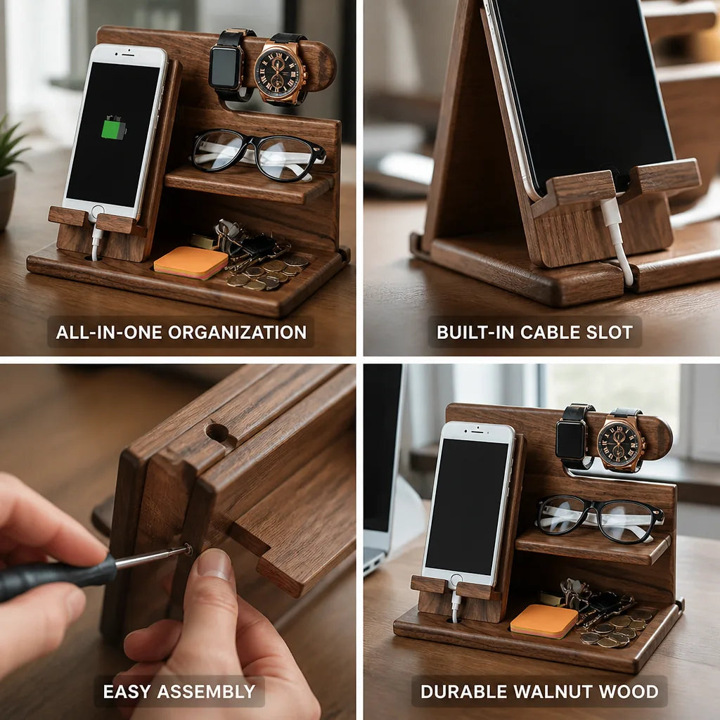 Desk Organizer Solid Walnut Phone Stand & Cable Slot