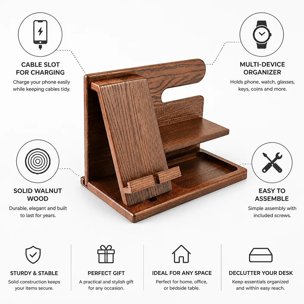 Desk Organizer Solid Walnut Phone Stand & Cable Slot