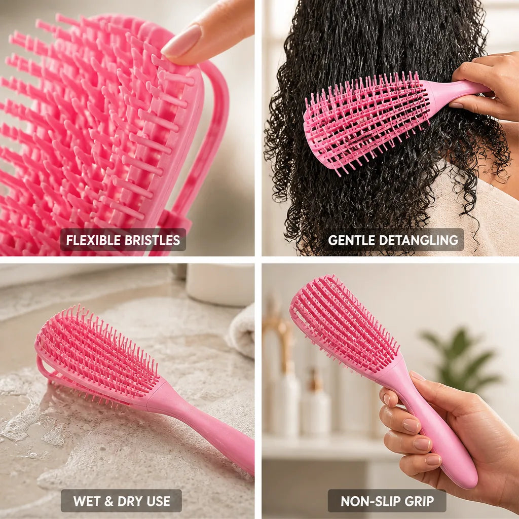 Detangling Brush Curly & Kinky Flexible Bristles Non-Slip Handle