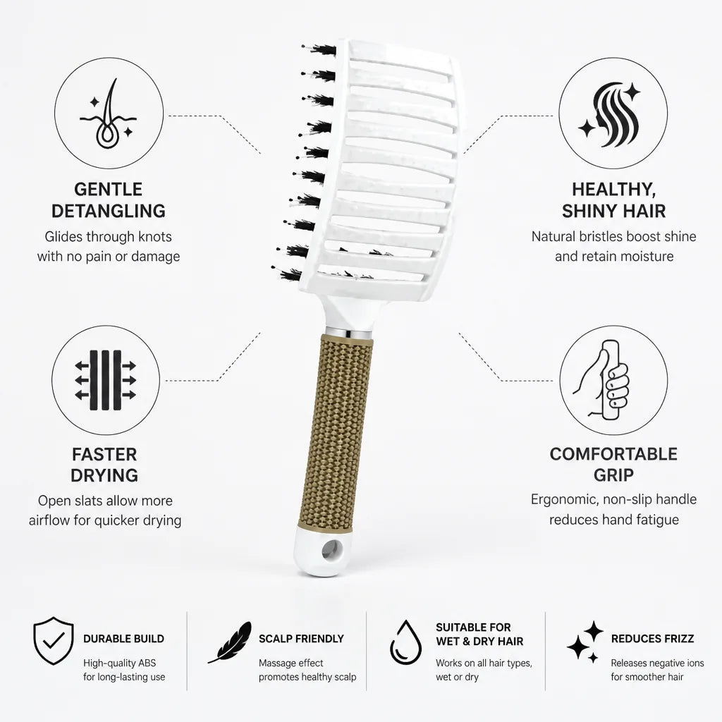 Detangling Brush Flexible Nylon & Natural Bristles Ergonomic Handle