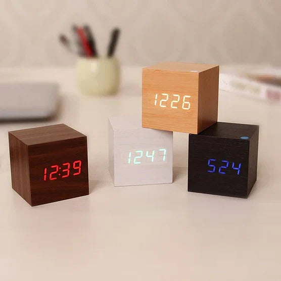 Digital Alarm Clock Wooden LED Display USB & Battery Powered