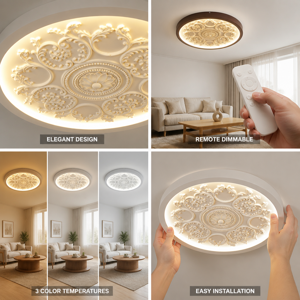 Dimmable Remote-Controlled Carved Floral LED Ceiling Light