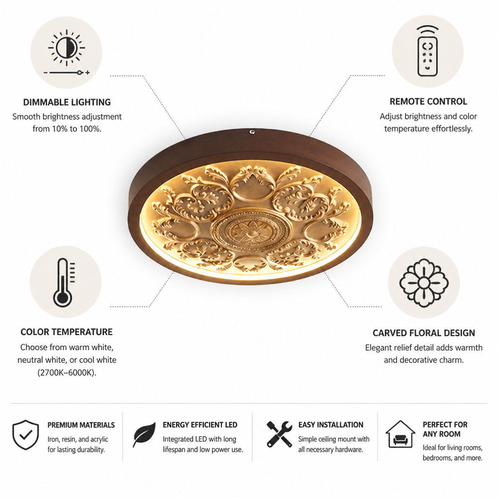 Dimmable Remote-Controlled Carved Floral LED Ceiling Light