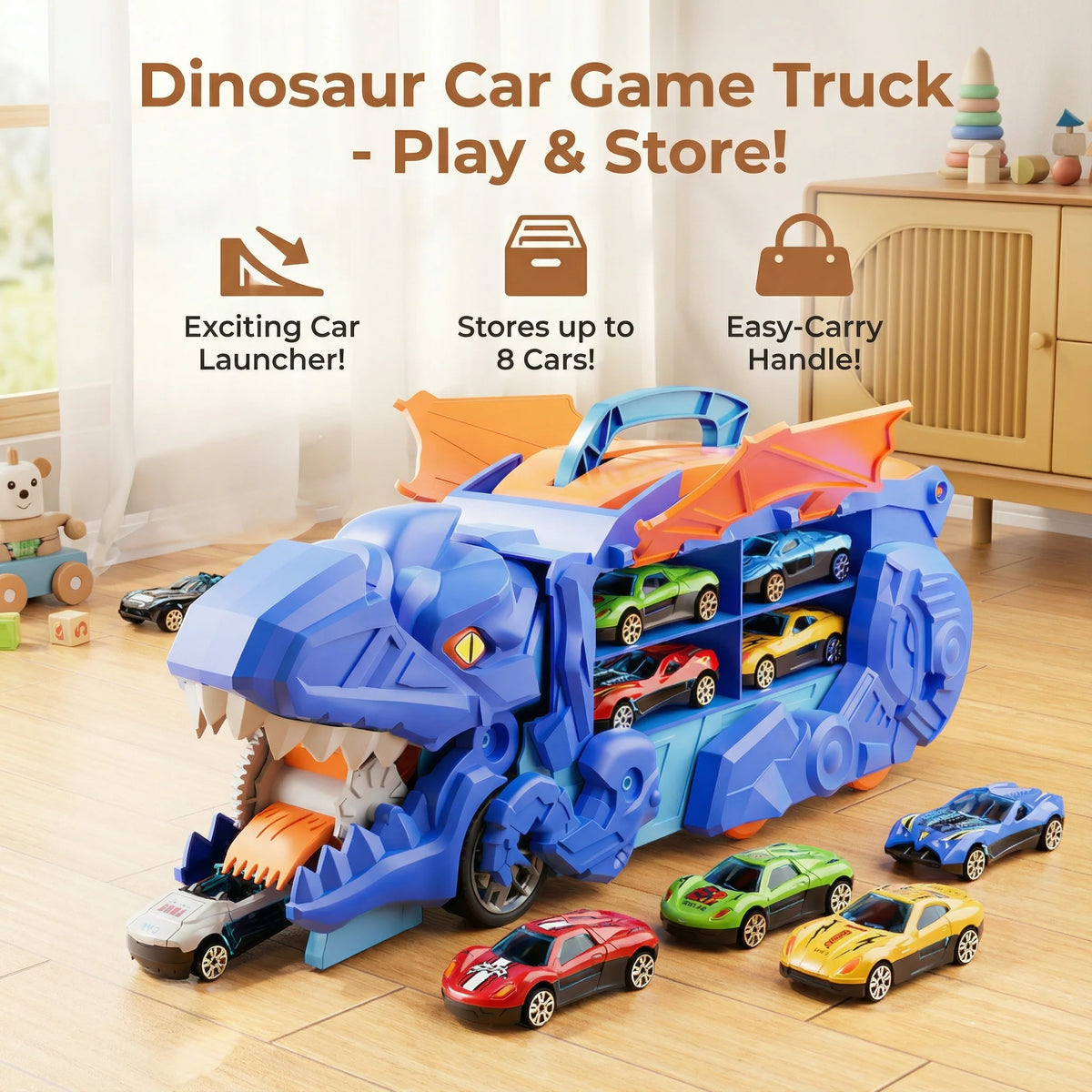 Dinosaur Truck Toy Dual-Mode LED Ramp Launcher 8 Cars