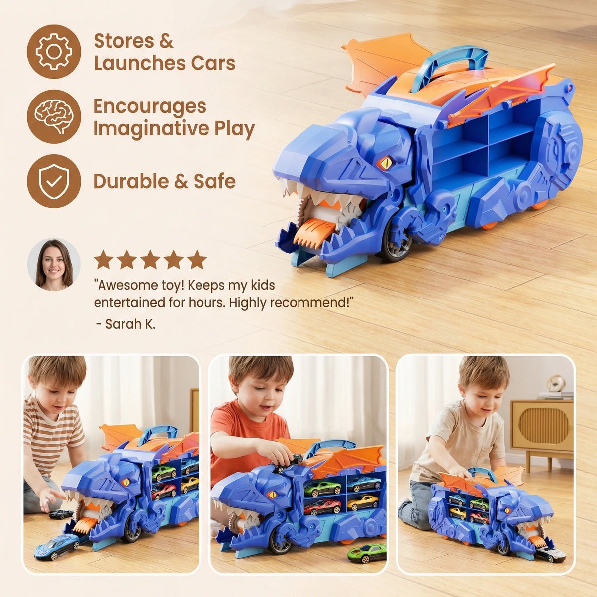 Dinosaur Truck Toy Dual-Mode LED Ramp Launcher 8 Cars