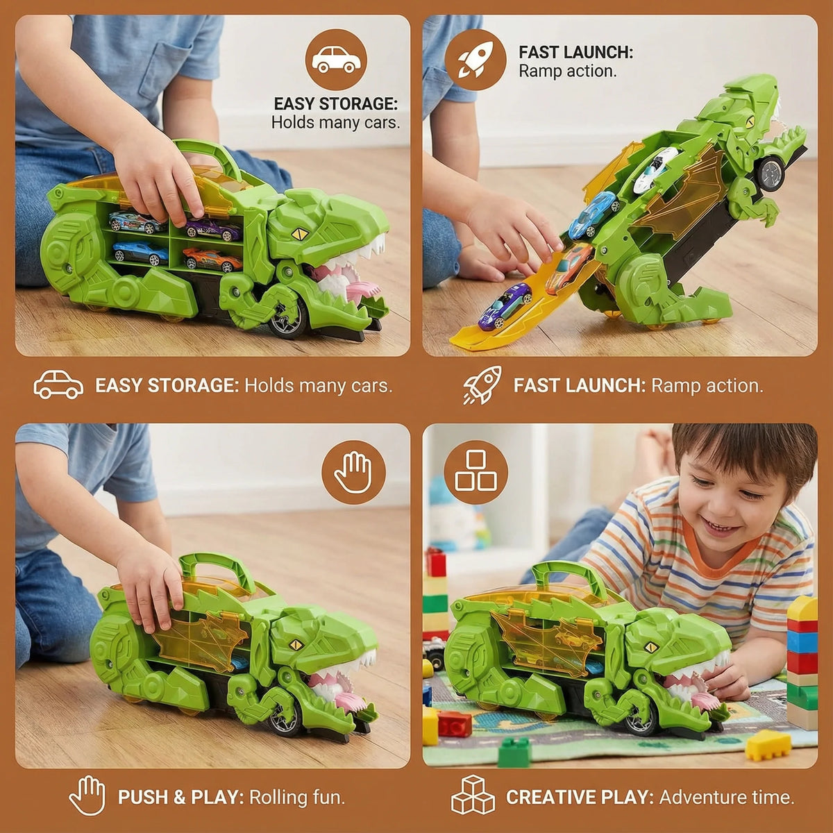 Dinosaur Truck Toy Dual-Mode LED Ramp Launcher 8 Cars