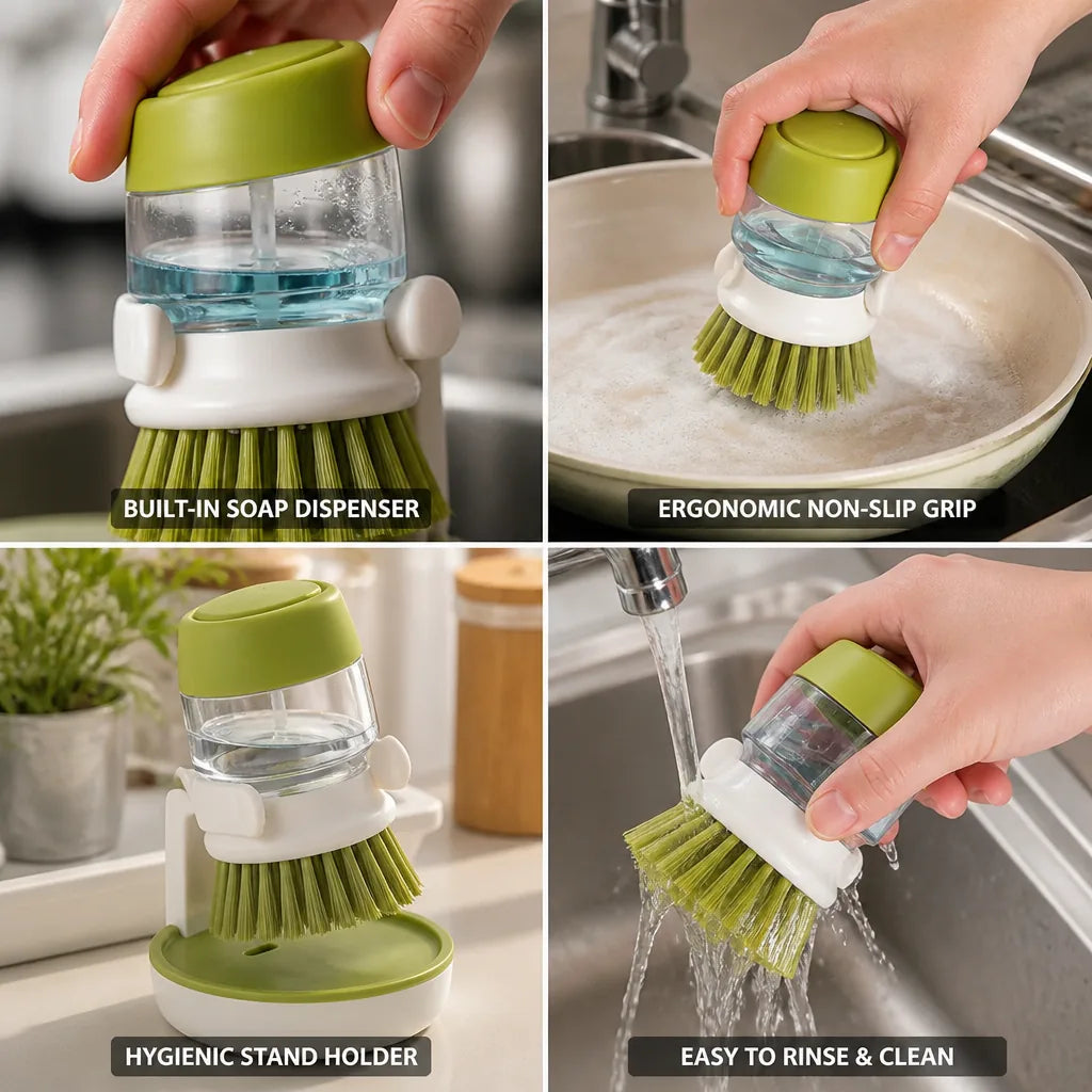 Dish Brush Built-In Soap Dispenser & Ergonomic Non-Slip Handle