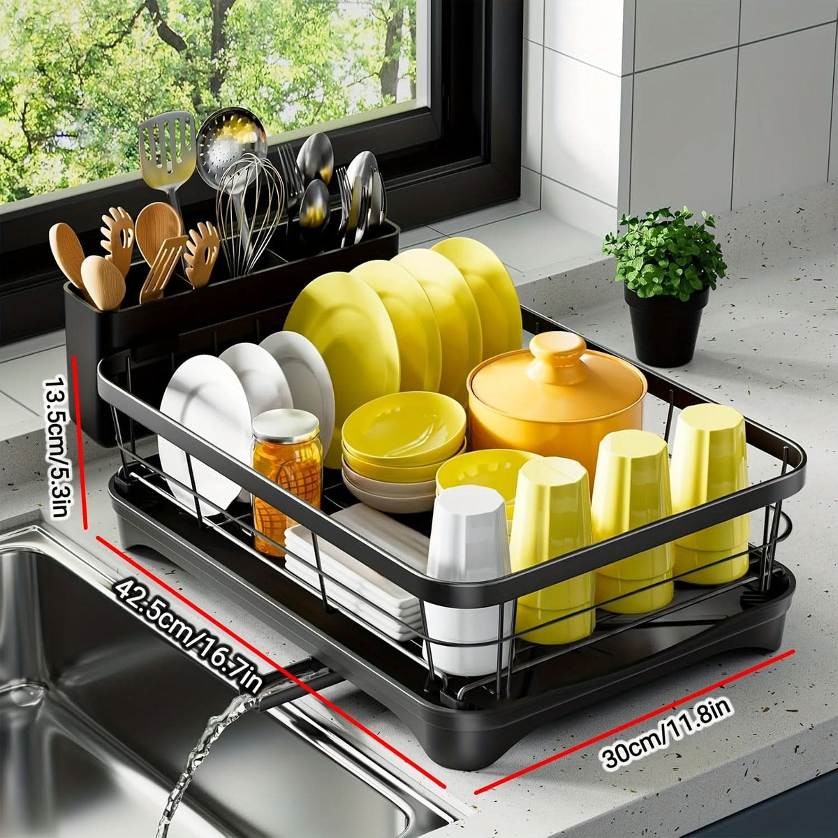 Dish Drying Rack Metal Frame Integrated Cutlery Holder Space-Saving