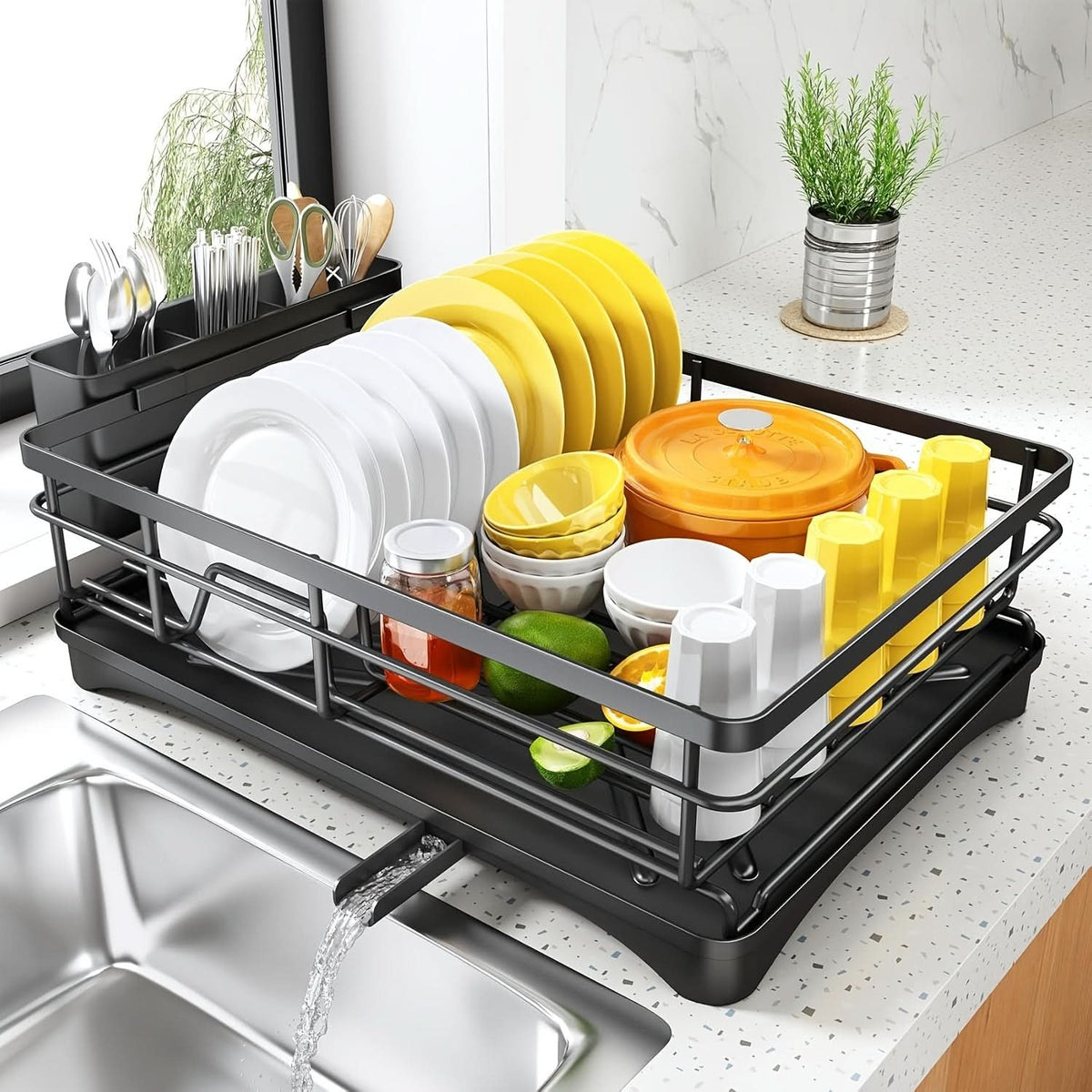 Dish Drying Rack Metal Frame Integrated Cutlery Holder Space-Saving