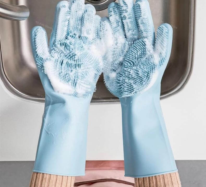 Dishwashing Gloves Silicone Built-In Brushes Heat-Resistant Non-Slip Grip