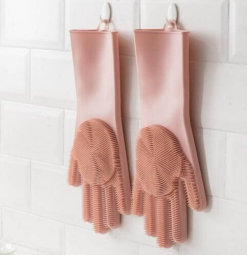Dishwashing Gloves Silicone Built-In Brushes Heat-Resistant Non-Slip Grip