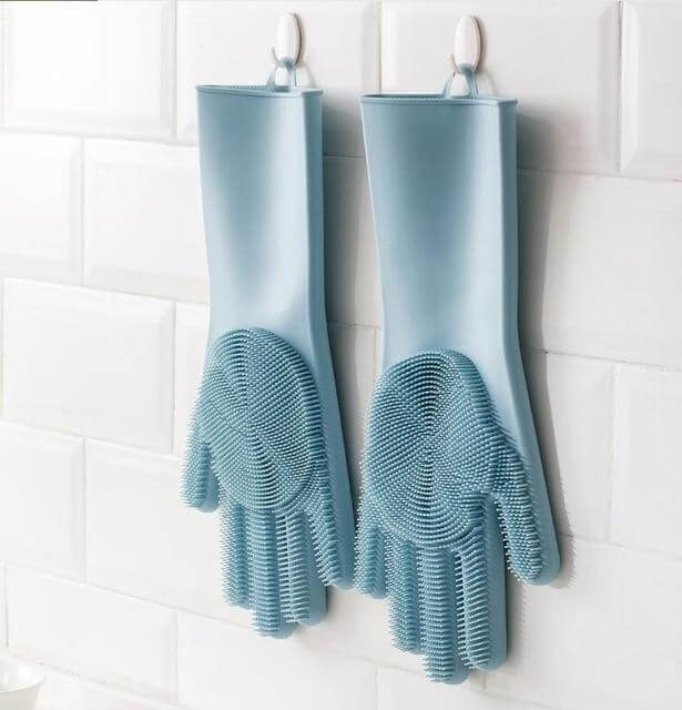 Dishwashing Gloves Silicone Built-In Brushes Heat-Resistant Non-Slip Grip