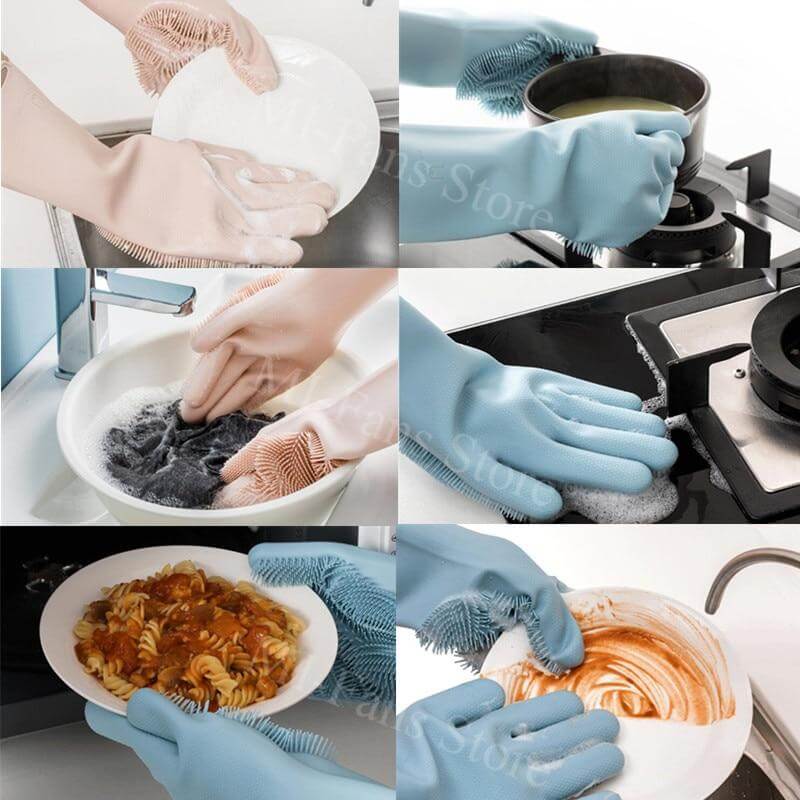 Dishwashing Gloves Silicone Built-In Brushes Heat-Resistant Non-Slip Grip
