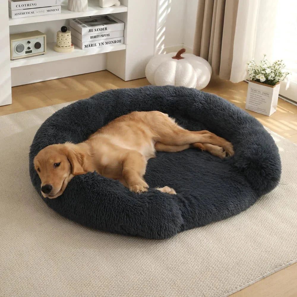 Dog Bed Round Plush Removable Washable Cover Non-Slip Base