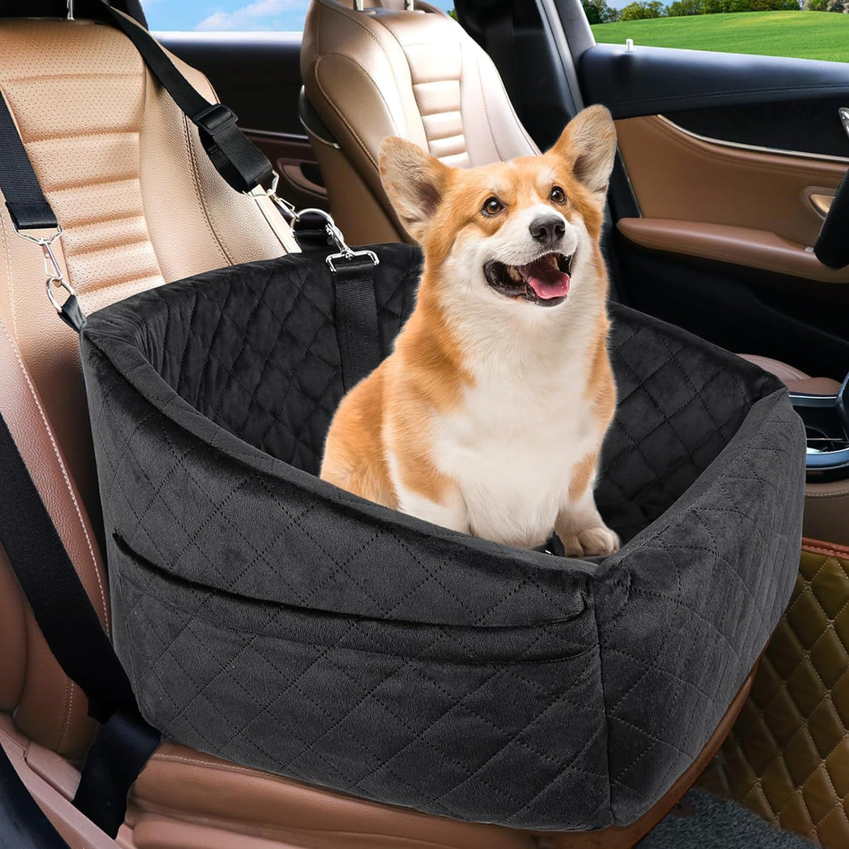 Dog Car Seat Booster & Travel Bed with Safety Belt and Storage Pockets
