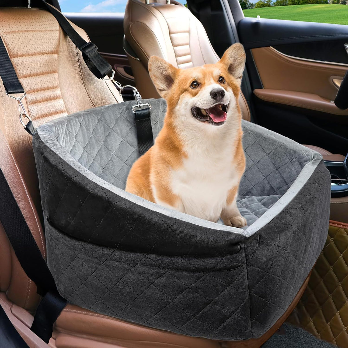Dog Car Seat Booster & Travel Bed with Safety Belt and Storage Pockets