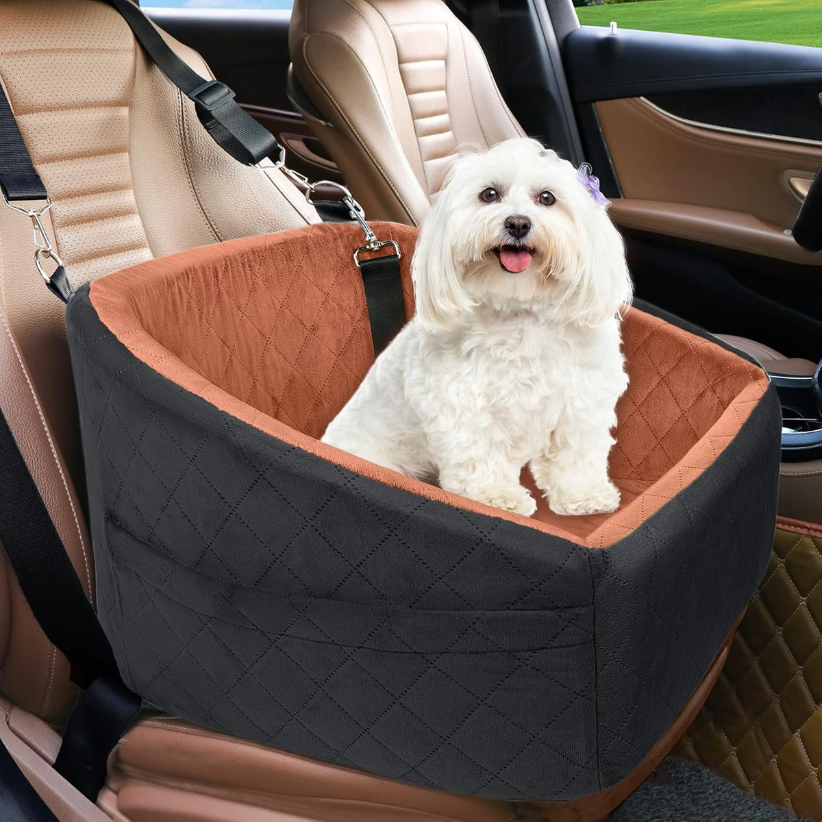 Dog Car Seat Booster & Travel Bed with Safety Belt and Storage Pockets