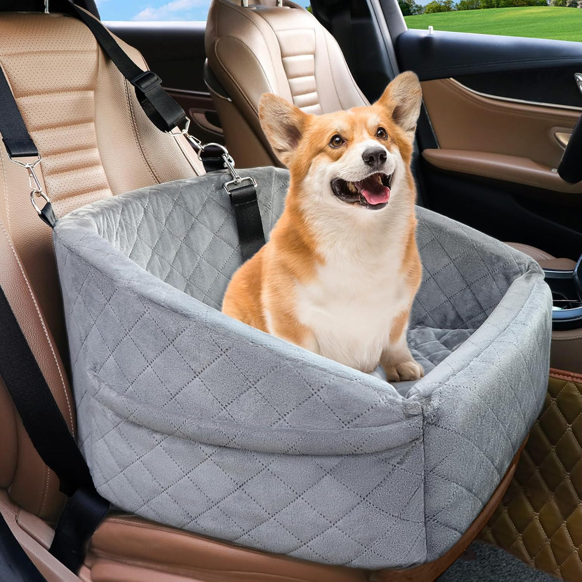Dog Car Seat Booster & Travel Bed with Safety Belt and Storage Pockets