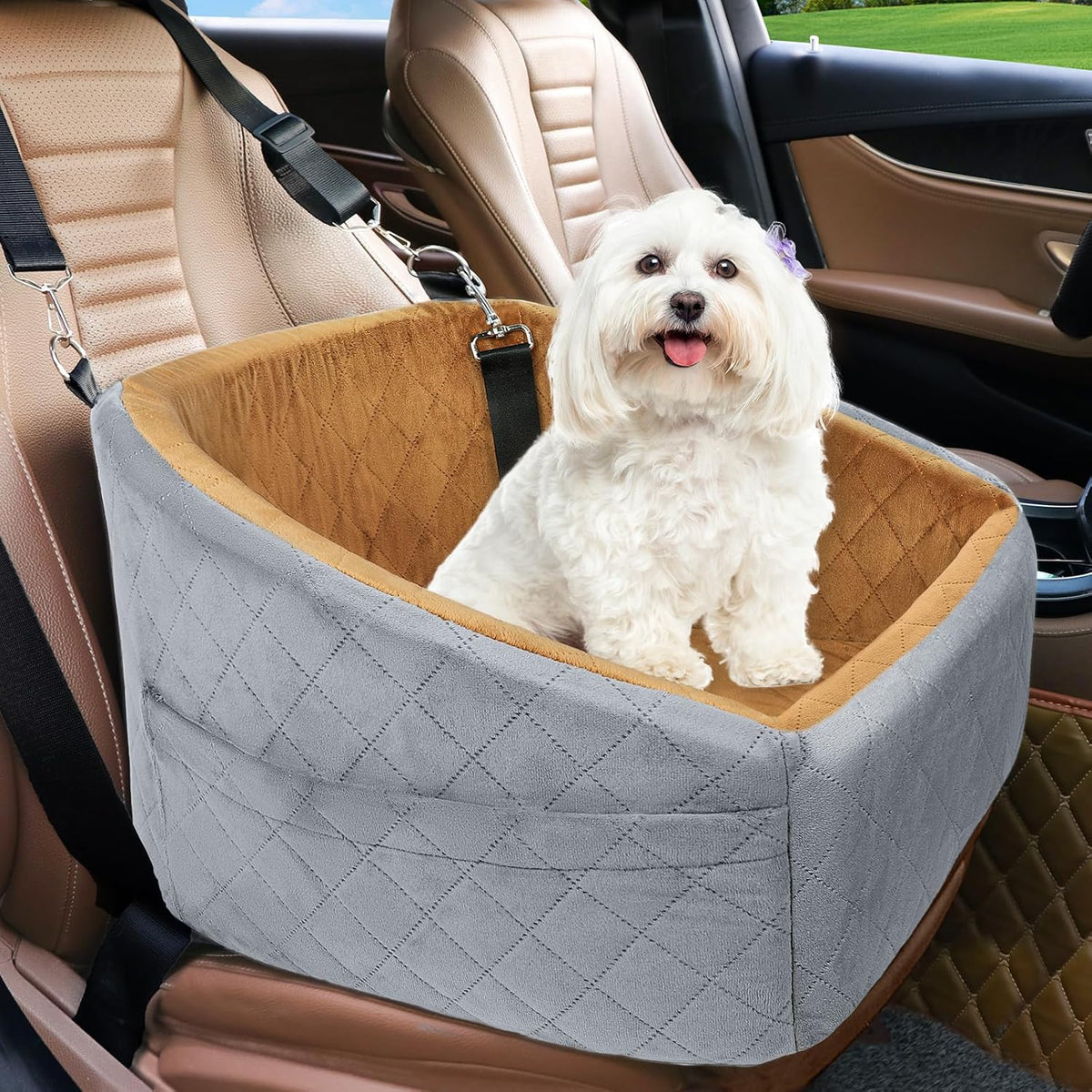 Dog Car Seat Booster & Travel Bed with Safety Belt and Storage Pockets