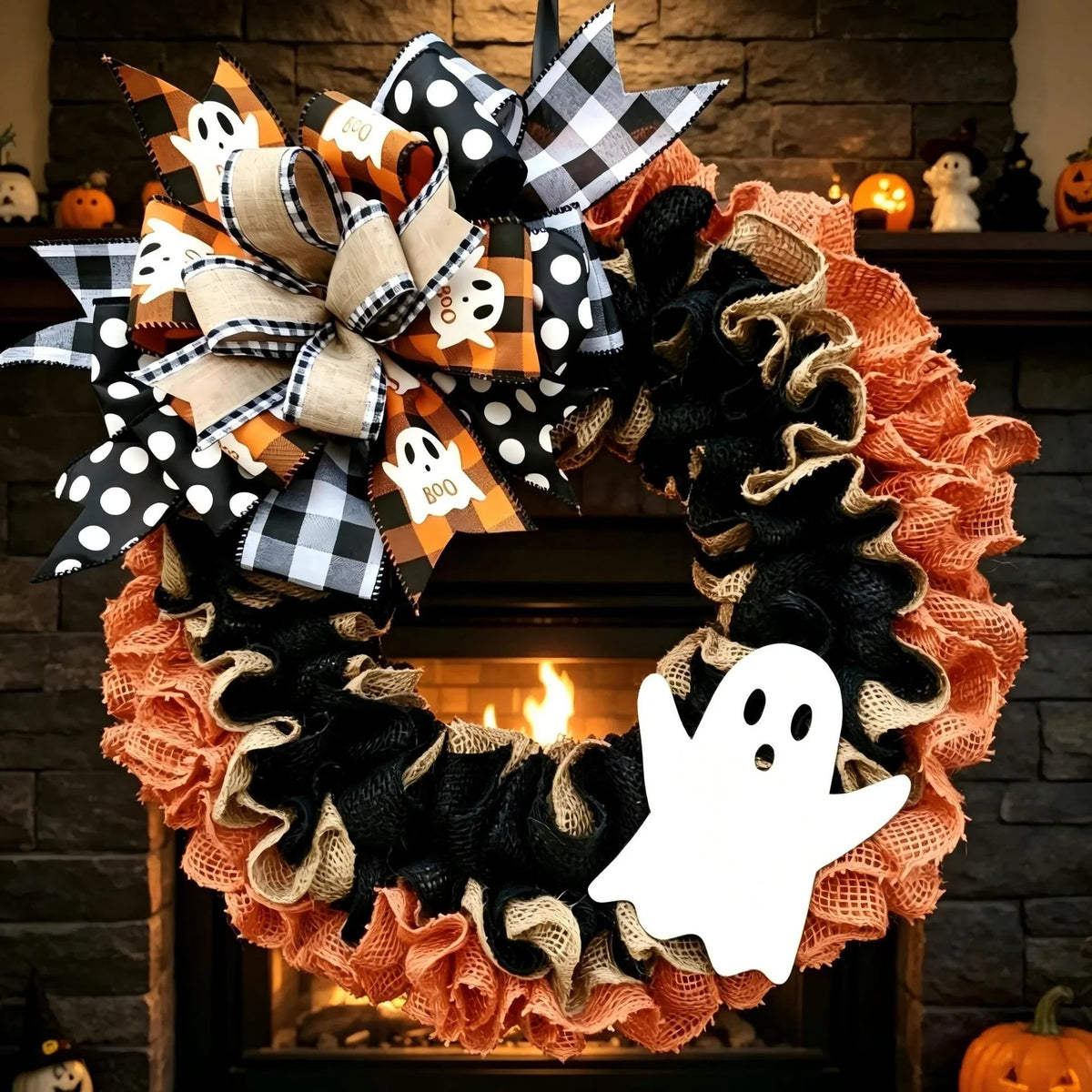 Door Wreath Burlap Ghost Ribbon Accents Hanging Loop
