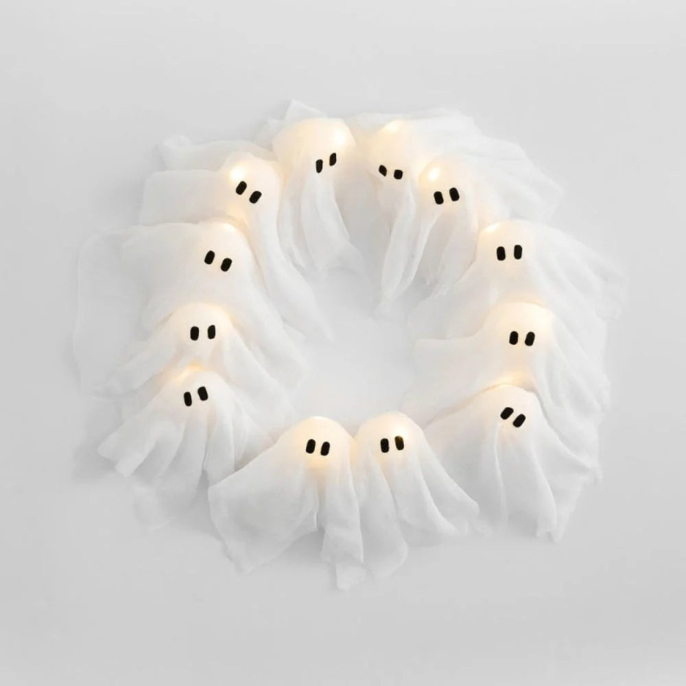 Door Wreath Ghost Design Integrated LEDs Battery-Powered