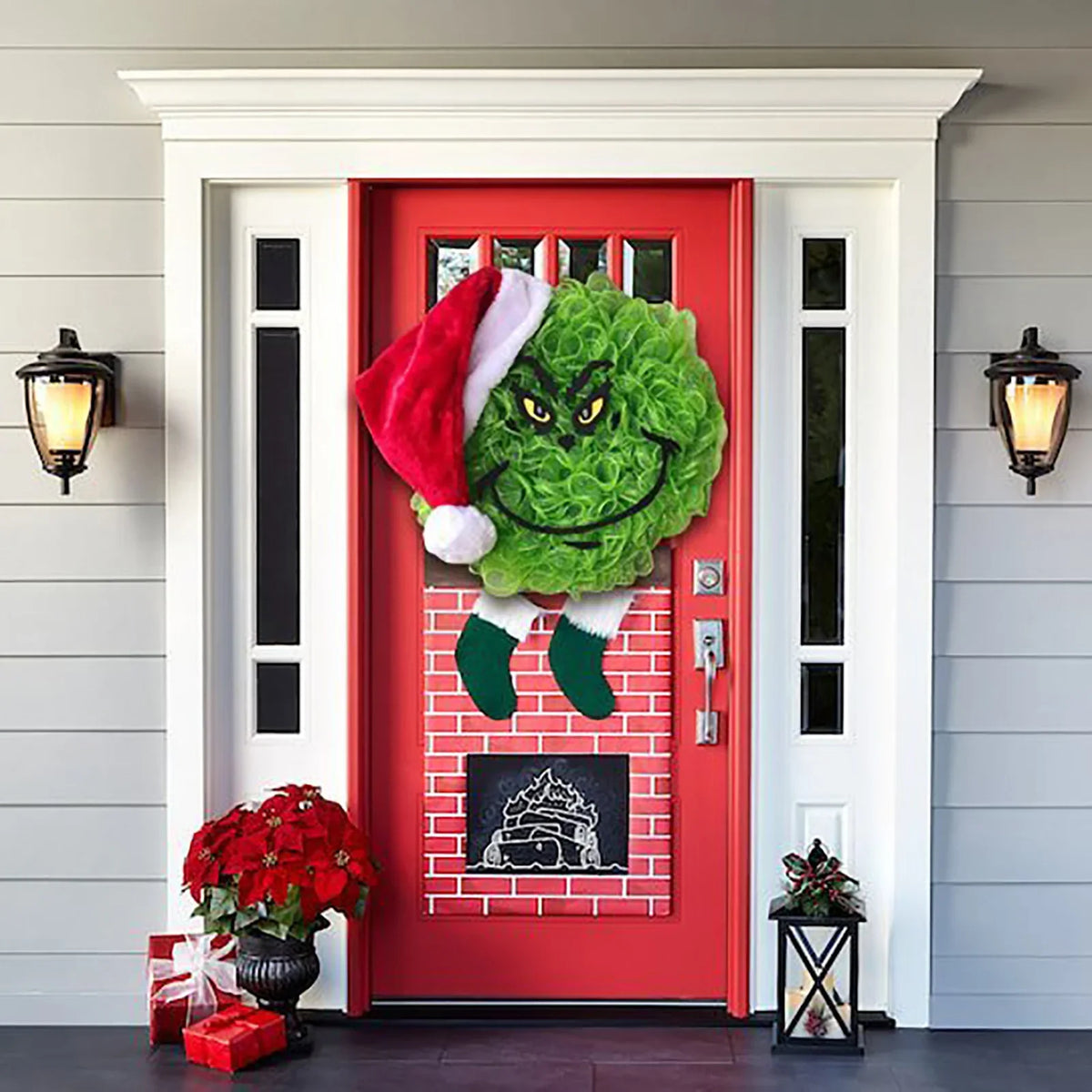 Door Wreath Grinch Face Weather-Resistant 40 Cm