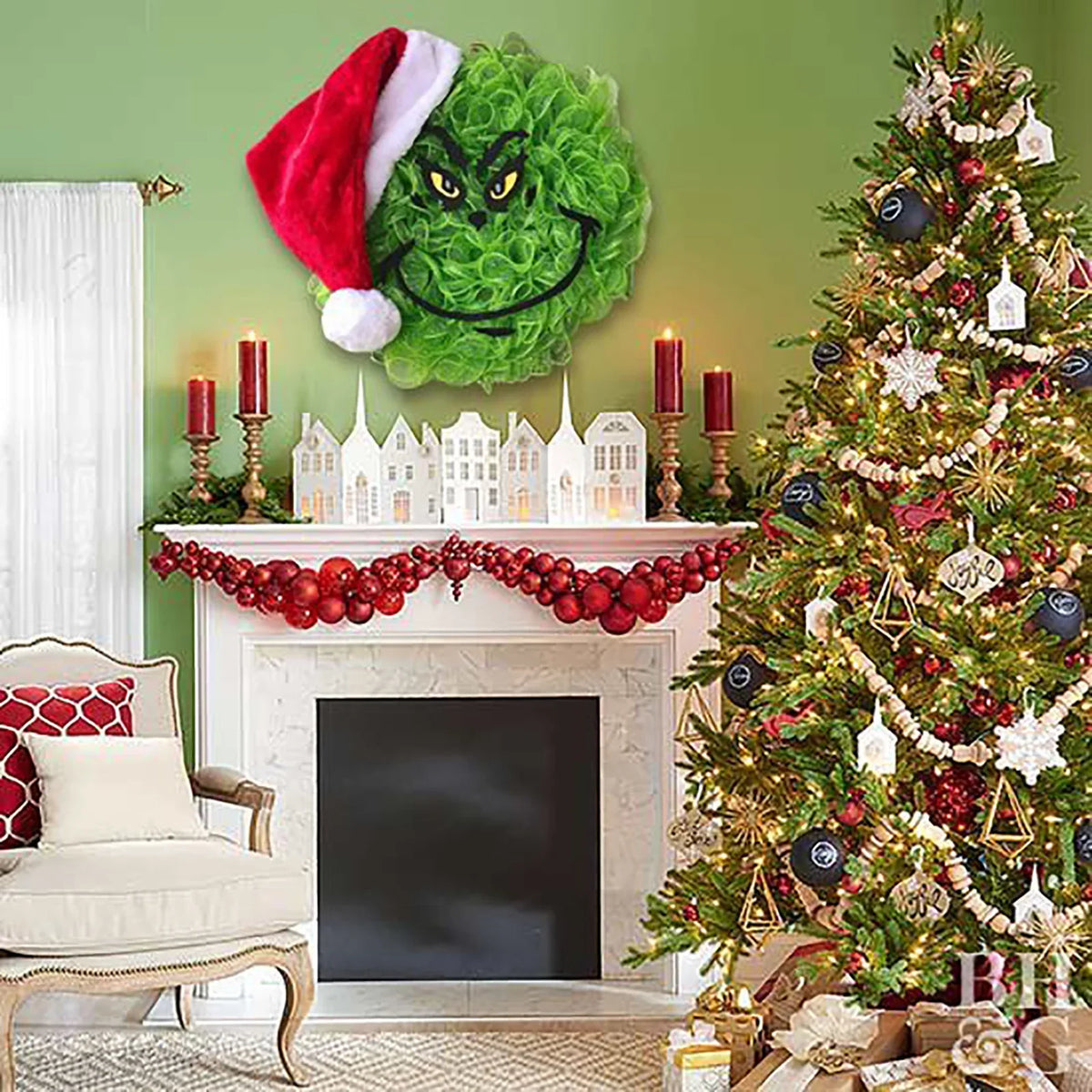 Door Wreath Grinch Face Weather-Resistant 40 Cm