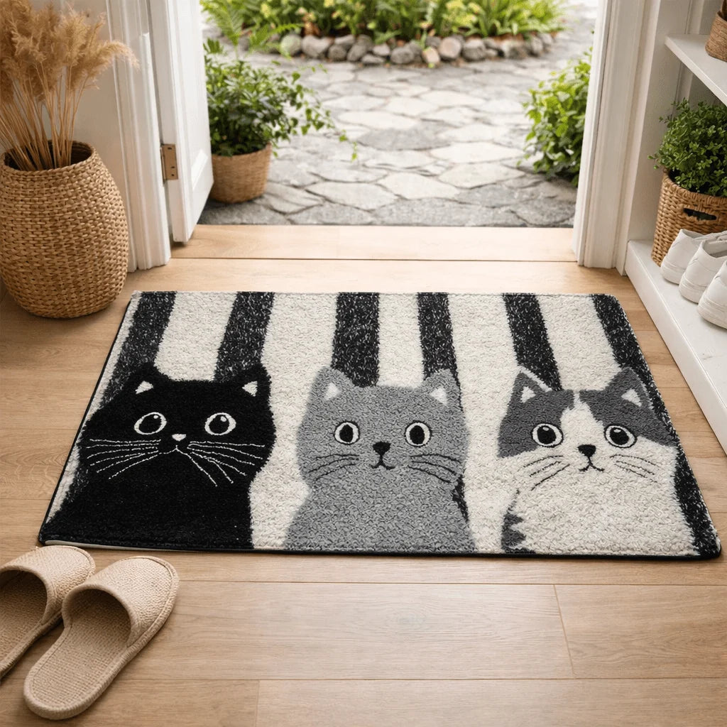 Doormat Striped Cartoon Cat Water-Resistant