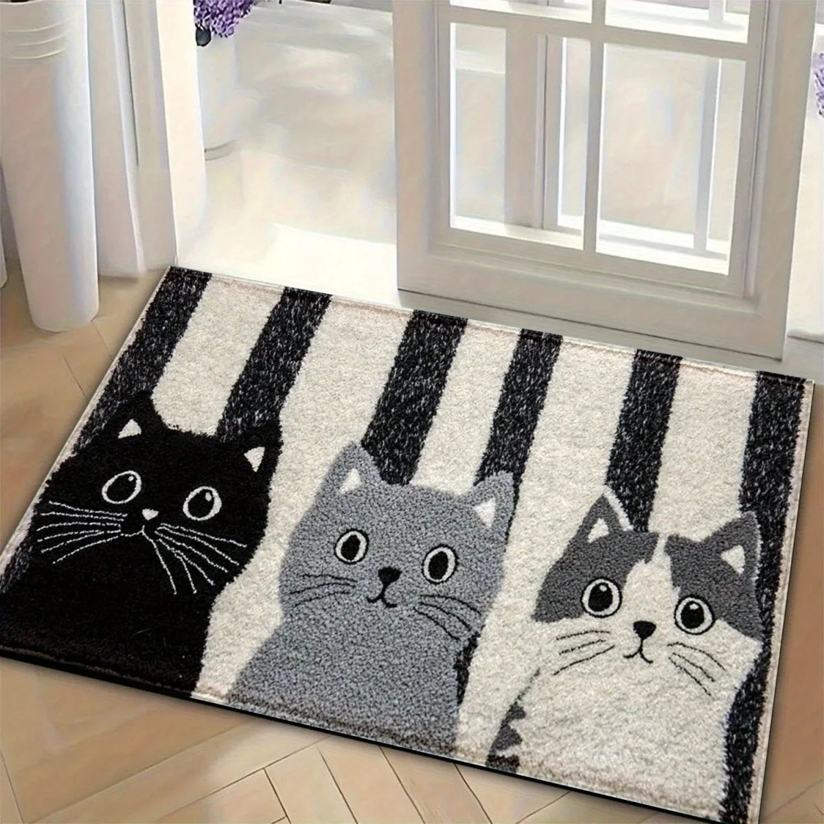 Doormat Striped Cartoon Cat Water-Resistant