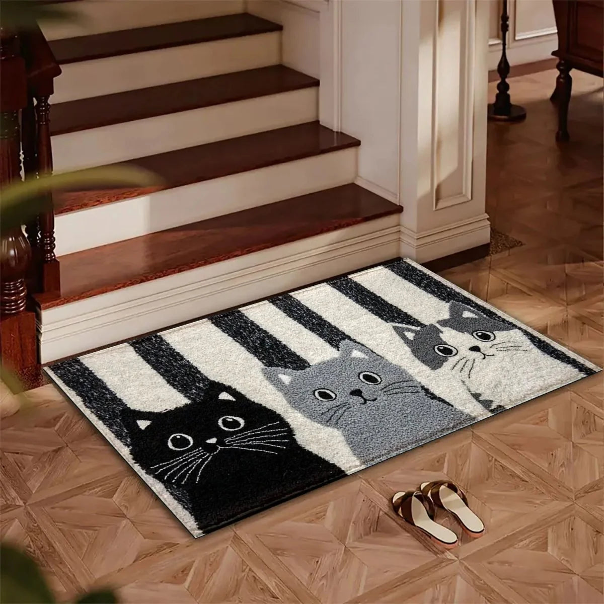 Doormat Striped Cartoon Cat Water-Resistant
