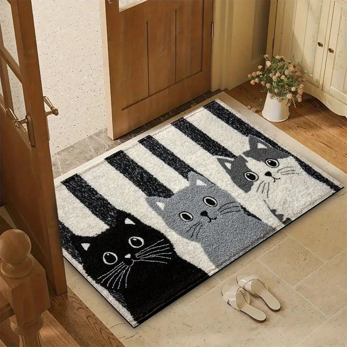 Doormat Striped Cartoon Cat Water-Resistant