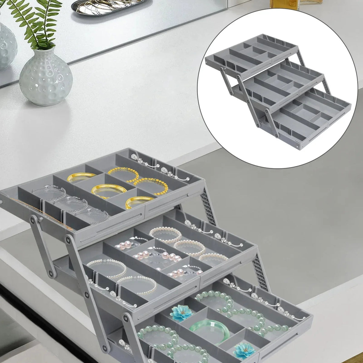 Drawer Organizer Three-Tier Foldable Clear Divided Compartments