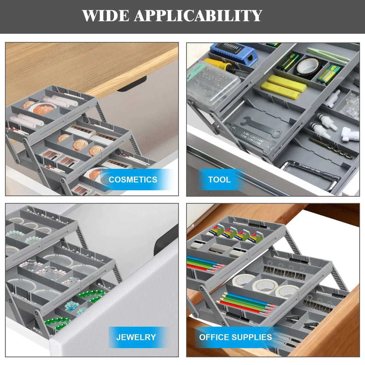 Drawer Organizer Three-Tier Foldable Clear Divided Compartments