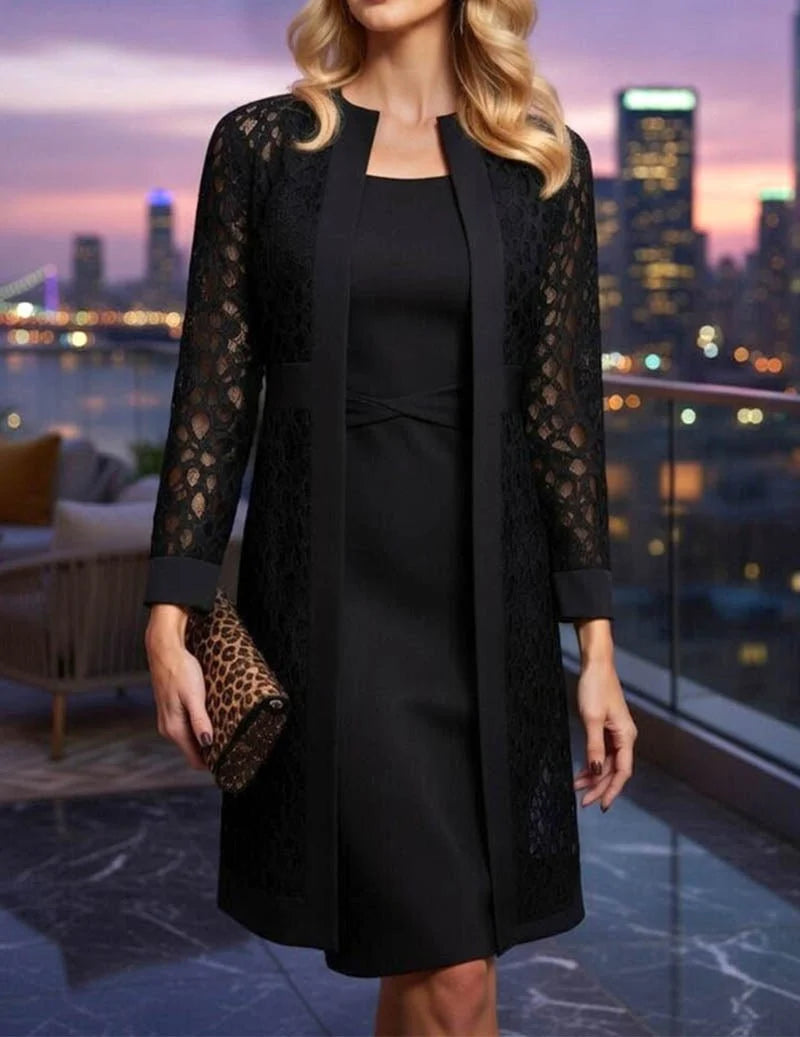 Dress & Cardigan Set Lace Overlay Twisted Waist Detail