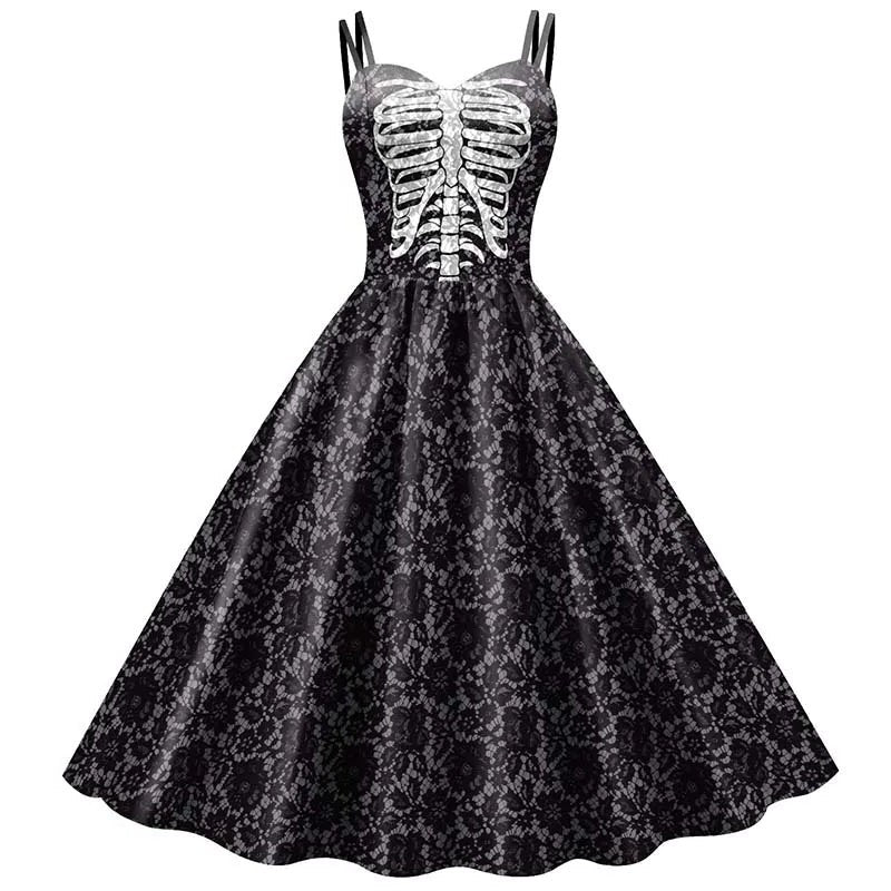 Dress Fit & Flare Strappy Skeleton Rose Print